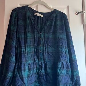 Loft Plaid Button-Down Blouse - Navy and Green